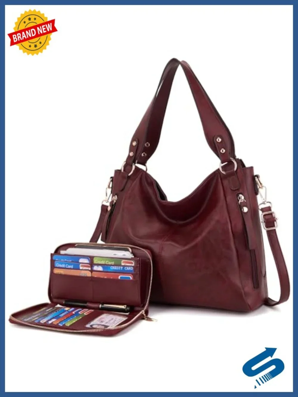 Women's Hobo Handbags & Wallet Set Faux Leather Tote Shoulder Bag 2pc